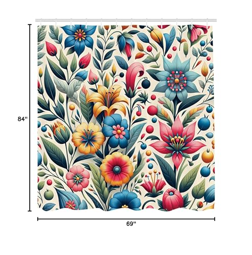 Ambesonne Colorful Shower Curtain, Modern Scandi Vibe Flowering Botany Pattern With Leaves On Creamy Back, Cloth Fabric Bathroom